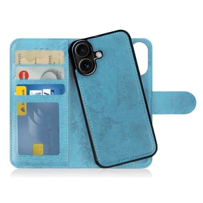 Immagine di MyGadget Cover compatibile con iPhone 16 Custodia Libretto Magnetica Portafoglio Flip Wallet Case Porta Carte in Similpelle PU Removibile Blu Chiaro