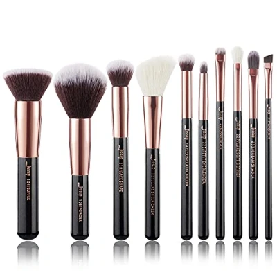 Immagine di Jessup 10pz Pennelli per il trucco Fondotinta Polvere Bellezza Eyeliner Correttore Setole in fibra fatta a mano Kit Nero/Oro rosa T156