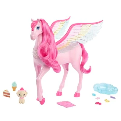 Immagine di Barbie Un Tocco di Magia Pegaso Rosa, Magico Cavallo Alato con Cagnolino e 10+ Accessori Inclusi, criniera Coda Rosa Ali Arcobaleno, Giocattolo per Bambini, 3+ Anni, HLC41