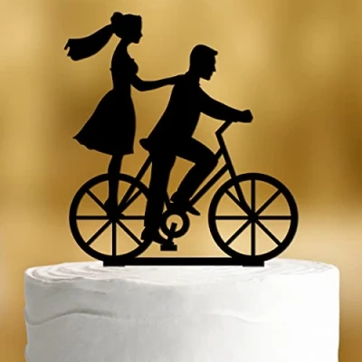 Immagine di Dankeskarte.com, topper per torta nuziale, in vetro acrilico, formato XL, decorazione, figura con sposo e sposa bicicletta, colore nero