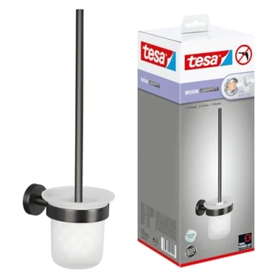 Immagine di tesa MOON Set WC, Supporto e scopino WC in grafite spazzolata vetro satinato autoadesivo, metallo rivestito PVD non richiede foratura, soluzione adesiva incl. 379 mm x 112 145