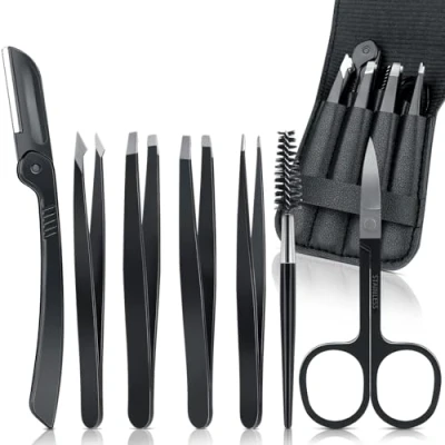 Immagine di 7 Set Pinzetta Sopracciglia Professionale, Romon Portatile Acciaio Inossidabile Sopracciglia, Pinzette di Precisione con Rivestimento Antiscivolo per Ciglia, Peli Incarniti, della Barba