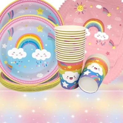 Immagine di Doyomtoy Arcobaleno Stoviglie per Feste,61 Pezzi Ragazza Compleanno Decorazioni Piatti di Arcobaleno,Tazze,Tovaglioli Bambini