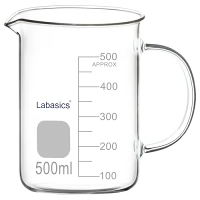 Immagine di Labasics Bicchiere di Vetro, G3.3 Graduato in Vetro Borosilicato da Laboratorio Misura Trasparente Forma Bassa Griffin con Manico e Beccuccio, 500 ml