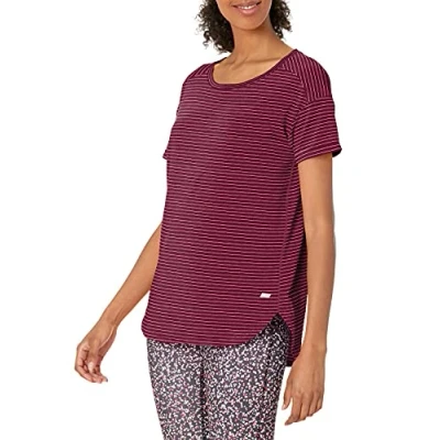Immagine di Amazon Essentials T Shirt Girocollo Leggera Studio con vestibilità Comoda (Disponibile in Taglie Forti) Donna, Bordeaux Righe, S