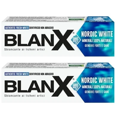 Immagine di BlanX, Dentifricio Nordic White, Sbiancante Anti Macchia, con Minearli Nordici 100% Naturali, Azione Lenitiva, e Rigenerante, Freschezza Immediata, Formato 75 ml, 1 Confezione