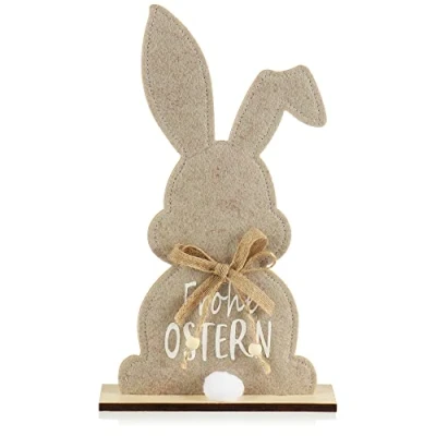 Immagine di com four® Simpatico Coniglietto Pasquale in Feltro Decorazione da appoggiare Legno, e Iuta per Pasqua (1 Pezzo Coniglio con Scritta)