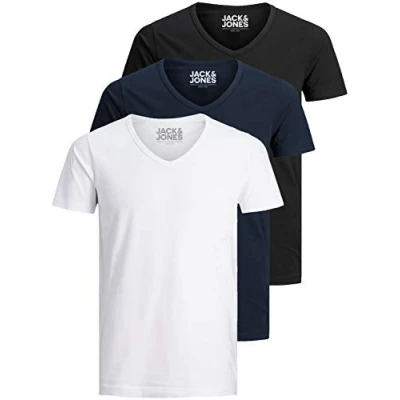 Immagine di Jack and Jones Maglietta da uomo basic, scollo a V, confezione 3 pezzi, tinta unita, colore: bianco, nero, blu, grigio, Mix 2 colori., XXL