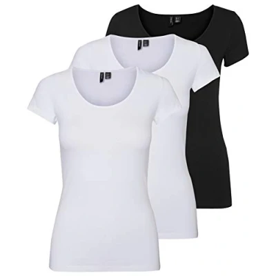 Immagine di VERO MODA Maglietta da donna Vmmaxi My Ss, soft, collo a U, bianco/nero (2 x bianco brillante, 1 nero)., L
