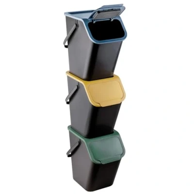 Immagine di Go Practic set di 3 pattumiere impilabili, per la raccolta dei rifiuti in cucina, con coperchio a scatto, sistema differenziata, x 25 l