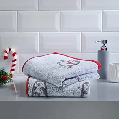 Immagine di Fusion Bagno Pinguini natalizi 100% cotone jacquard, set di due asciugamani 50 x 90 cm, grigio e rosso