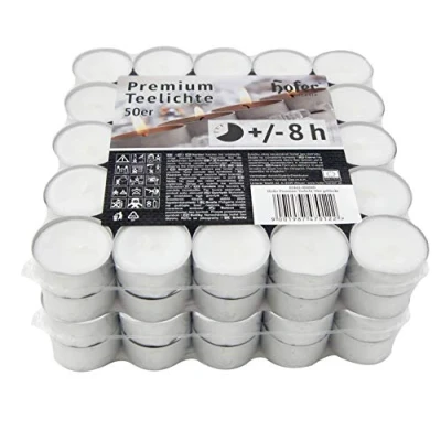 Immagine di Hofer Premium Tealight Candele Bianche Non profumate 100 Pezzi Tea Light Candeline Cera Antigoccia Durata di combustione 8 Ore 2 x Set 50 Lumini