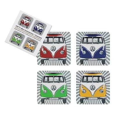 Immagine di BRISA VW Collection Volkswagen Sottobicchieri per bevande in sughero con rivestimento MDF Campervan T1 Bus design (Set di 4/Samba Stripes/Multicolore)