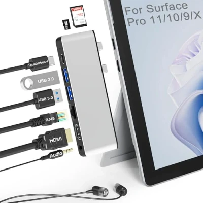 Immagine di Docking station Surface Pro 9, adattatore 9 con 100 Mbps LAN4K HDMI, USB C Thunderbolt 4 (video 8K + dati 40G ricarica W), 2 3.0, slot per schede SD/TF, audio da 3,5 mm