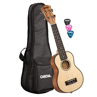 Immagine di CASCHA Soprano ukulele, top in abete rosso massiccio, solido, set per chitarra Hawaii con corde Aquila, accessori e 3 plettri