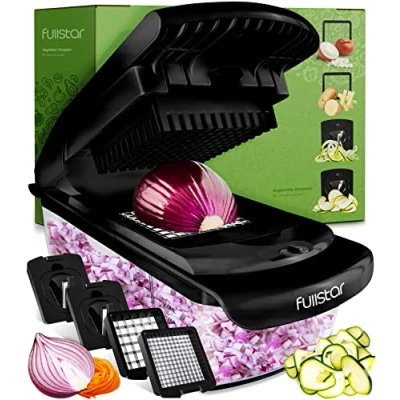 Immagine di Taglia Verdure Affetta Manuale Spiralizzatore di Multifunzione Tritatutto Affettatrice Tagliaverdure Frutta Cipolla Patate Cubetti Julienne (4 in 1 Nero)