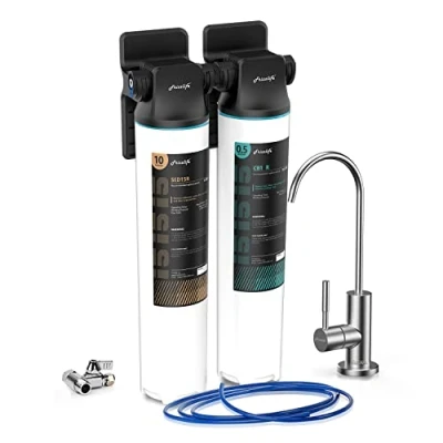 Immagine di Frizzlife DW15F Sistema di filtraggio dell&#039;acqua sotto il lavello con rubinetto in nichel spazzolato, elementi certificati NSF/ANSI 53&amp;42, riduzione del 99,99% piombo, cloro, fluoruro