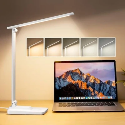 Immagine di Lampada da Scrivania a LED, LED Pieghevole &amp; Portatile, 15 Modalità di Illuminazione Protezione degli Occhi, Regolabil Tavolo Studio Bianco