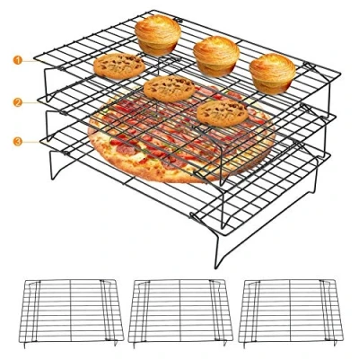 Immagine di Griglia a 3 Livelli con Rivestiemento Antiaderente, Rack di Raffreddamento, Impilabile Griglie Raffreddamento per Dolci, Teglia da Forno in Acciaio Inox Cottura e Nero