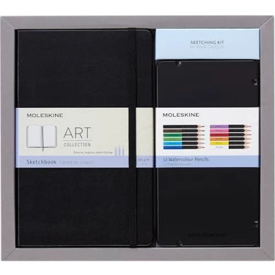 Immagine di Moleskine Kit da Disegno, Taccuino per Schizzi e Set di Matite Acquerellabili, Notebook Pagine Bianche, Formato Large, 13 x 21 cm, Colorate Acquerellabili in 12 Sfumature Diverse