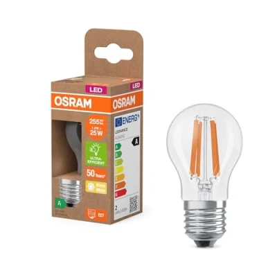 Immagine di OSRAM dalla classica forma mini sferica, con filamento LED decorativo, classe di efficienza energetica A, E27, 1,2 W, 255 lm, 2700 K, bianco caldo. Senza riscaldamento, luce immediata al 100%.