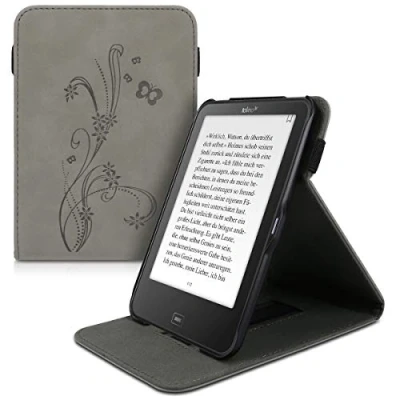 Immagine di kwmobile Custodia Verticale Compatibile con Tolino Vision 1/2 / 3/4 HD in Pelle Nabuk Sintetica Fascia Mano e leggìo Standing Cover Reader Flip Case Viticci Grigio