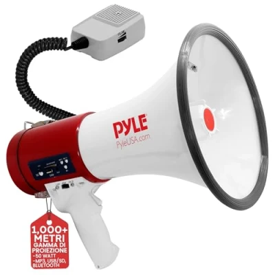 Immagine di Pyle Megafono Portatile 50 Watt con Sirena, Microfono Staccabile, Cinghia, Batteria Ricaricabile, Ideale per Voce Professionale all’Aperto, Polizia e Eventi