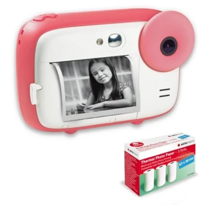 Immagine di AGFA PHOTO Realikids Instant Cam + 3 rotoli di carta termica ATP3WH aggiuntivi Fotocamera istantanea per bambini, schermo LCD da 2,4&quot;, batteria al litio, specchio selfie e filtro fotografico, Rosa
