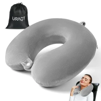 Immagine di URAQT Cuscino da Viaggio, per il Collo in Memory Foam, Cervicale Viaggio a Forma di U,Portatile Supporto Auto, Aereo, Ufficio, Casa(Grigio)