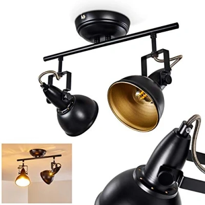 Immagine di lampada a soffitto Tina, in metallo nero/oro, 2 luci, con faretti regolabili, x attacco E14, spot dal design retro/vintage, senza lampadina/e