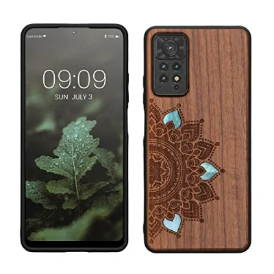 Immagine di kwmobile Custodia Compatibile con Xiaomi Redmi Note 11 PRO/Note PRO (5G) / 12 (4G) Cover Back Case in Legno Bumper Silicone TPU Sole Mandala Madreperla Marrone Scuro