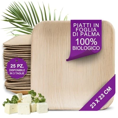 Immagine di Waipur Piatti in Foglia di Palma Biologici 25 Quadrati 23x23 cm Monouso Compostabili Alta Qualità Eleganti e resistenti Stoviglie per Feste Ecologici