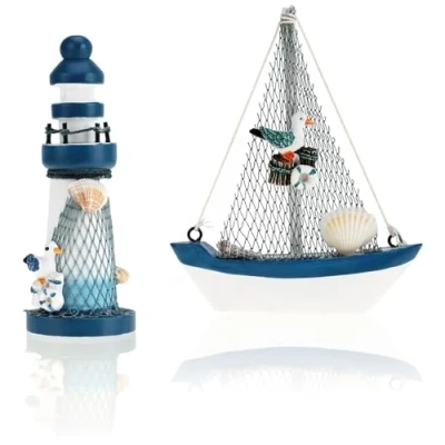 Immagine di com four® Set di Decorazioni marittime da 2 Pezzi Veliero e Faro in Legno dall&#039;aspetto Usato [la Selezione Varia] (02 + Faro)