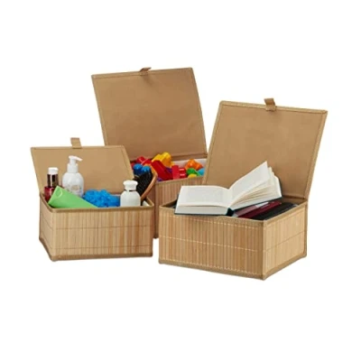Immagine di Relaxdays Set da 3 Cesti Portaoggetti, Coperchio e Chiusura a Strappo, Cestino Contenitore in bambù, Legno, Colore Naturale