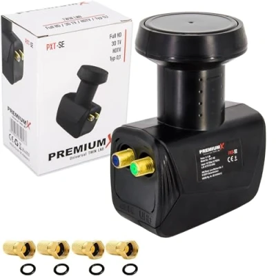 Immagine di Premium X Twin LNB per 2 utenti Convertitore di Segnale TV con Protezione dalle intemperie SAT Digitale in Nero 4 connettori F Inclusi DVB S2 8K UHD 4K Full HD