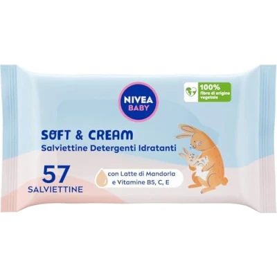 Immagine di NIVEA BABY Salviettine Detergenti Idratanti Soft &amp; Cream 57 Pezzi, Salviette neonato per una pelle pulita, asciutta E idratata, con Latte di Mandorla Vitamine B5, C