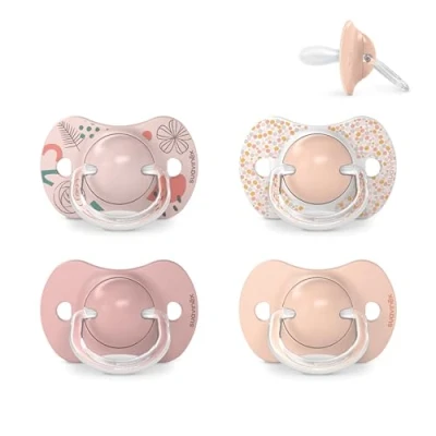 Immagine di Suavinex, Confezione da 4 Ciucci con Tettarella in Silicone simmetrica SX Pro, per Bambini 6 a 18 Mesi, Piatta e Flessibile, Rosa