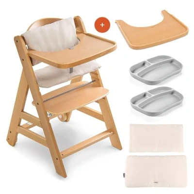 Immagine di hauck Seggiolone Set Alpha Move in Legno Evolutivo con Ruote Sedia Bambini Vassoio e Cuscino Pappa 2 Piatti Silicone Legno, beige