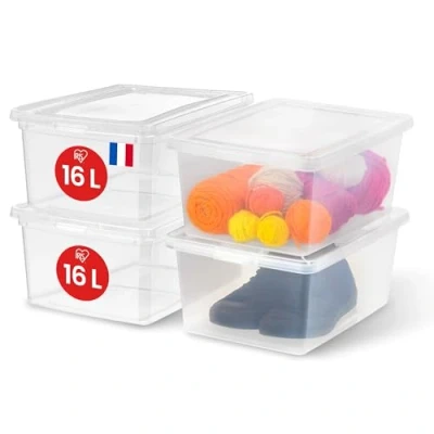 Immagine di Iris Ohyama, Scatola di Plastica Multiuso, 16L, Lotto 4, Trasparente, Chiusura Facile, Impilabile, per Camera da Letto, Cucina, Ufficio, Bagno, Vestiti, Giocattoli, Senza BPA, CNL 16E