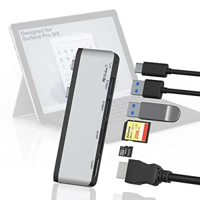 Immagine di Surface Pro 9 Docking Station Con 4K HDMI, USB C Thunderbolt 4 (Display+PD Charging+Data), 3.0 * 2, TF/SD Card Slot, per Dual Monitor (HDMI+USB C) 9/Pro X