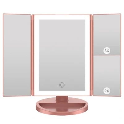 Immagine di WEILY Specchio Trucco con Luci, Ingranditore 1X/2X/3X, Led Tri Fold Touch Screen, da Tavolo Supporto USB e Batteria (Oro Rosa)