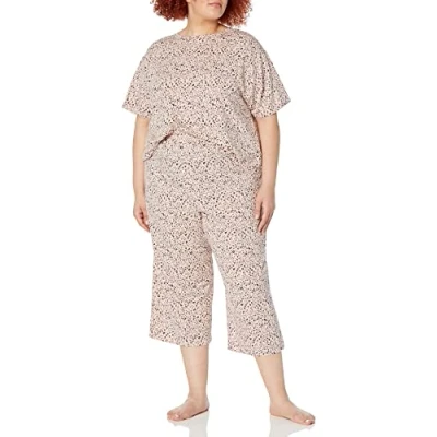 Immagine di Amazon Essentials Set Pigiama in Jersey Lavorato a Maglia (Disponibile Taglie Forti) Donna, Beige Leopardata, S