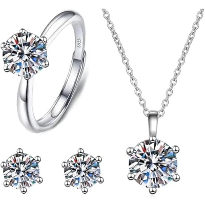 Immagine di Parure di Gioielli da Donna in Argento Sterling 925, Collana con Ciondolo, Anello e Orecchini, Set Cristallo Zirconi Bianchi, Regali per Matrimonio, Fidanzamento, Compleanno, Regalo