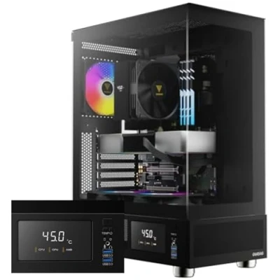 Immagine di GAMDIAS ATLAS E1 ATX Mid Tower PC Case, monitor in tempo reale, 3 ventole ARGB da 120 mm, vetro temperato senza cuciture, prese d&#039;aria laterali ad alto flusso d&#039;aria, nero