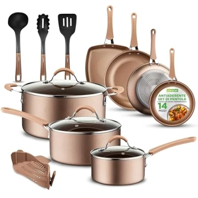 Immagine di NutriChef Set di 14 Pentole e Padelle Antiaderenti Senza PFOA/PFOS, Lacca Resistente al Calore, Oro Lucido