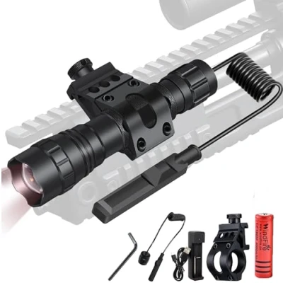 Immagine di torcia LED luce infrarossa illuminatore IR 940nm, regolazione della messa a fuoco per visione notturna con supporto sfalsato, kit pressostato remoto predatore maiale da caccia