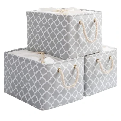 Immagine di OUTBROS Cestini Portaoggetti Pieghevole Confezione da 3, 40 x 30 26 cm Scatola con Coulisse e Manici, Cesti in Tessuto, Lanterna/Grigio