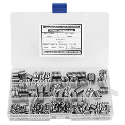 Immagine di Inserti filettati, 200 pezzi 304 inserto per riparazione filettatura in acciaio inossidabile Set viti autofilettanti filettato interno assortito M3 M4 M5 M6 M8 M10 M12