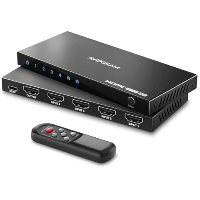 Immagine di Switch HDMI 2.1 8K 60Hz 4:4:4, AVIDGRAM Switcher 4 In 1 Out con telecomando IR, porte 4K 120Hz Auto Selector Hub Supporto 48 Gbps, Compatibile Xbox Series X, PS4 Pro, PS5, TV UHD