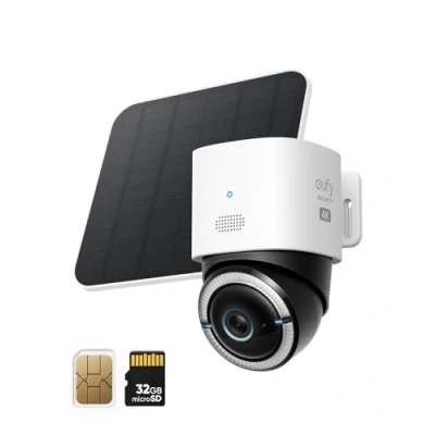 Immagine di eufy Security telecamera wi fi esterno 4G LTE S330, Pan Tilt 4K UHD, Alimentazione senza fili con pannello solare, Tracciamento AI di persone/veicoli, Sim Card integrata (Ricondizionato)